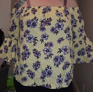 Floral Yellow Blouse with Purple Flowers
